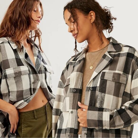 Free People Izzie Plaid Oversized Cargo Shirt Jacket Shacket Large Grunge 90s